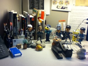 A clean desk for 2014. A clean "ice rink" for my Sharks bobbleheads!